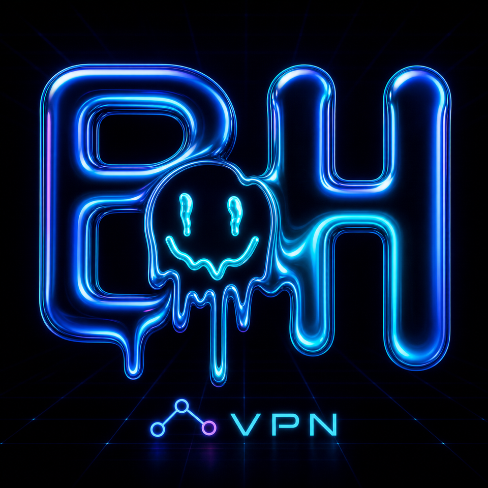 Логотип BeHappyVPN: неоновые буквы BH и дружелюбный маскот с жидкими синими потёками
